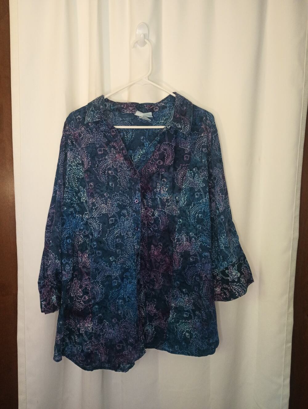 Liz & Me Womens Artsy Button Up Top 3X Tie Dye Floral Lightweight Cotton 3/4 Slv